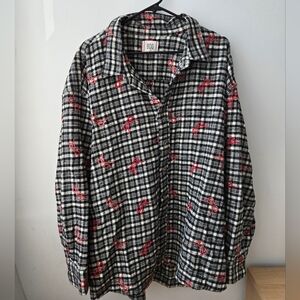 BDG Women's Oversized Black and White Checkered Flannel Jacket with Red Bows